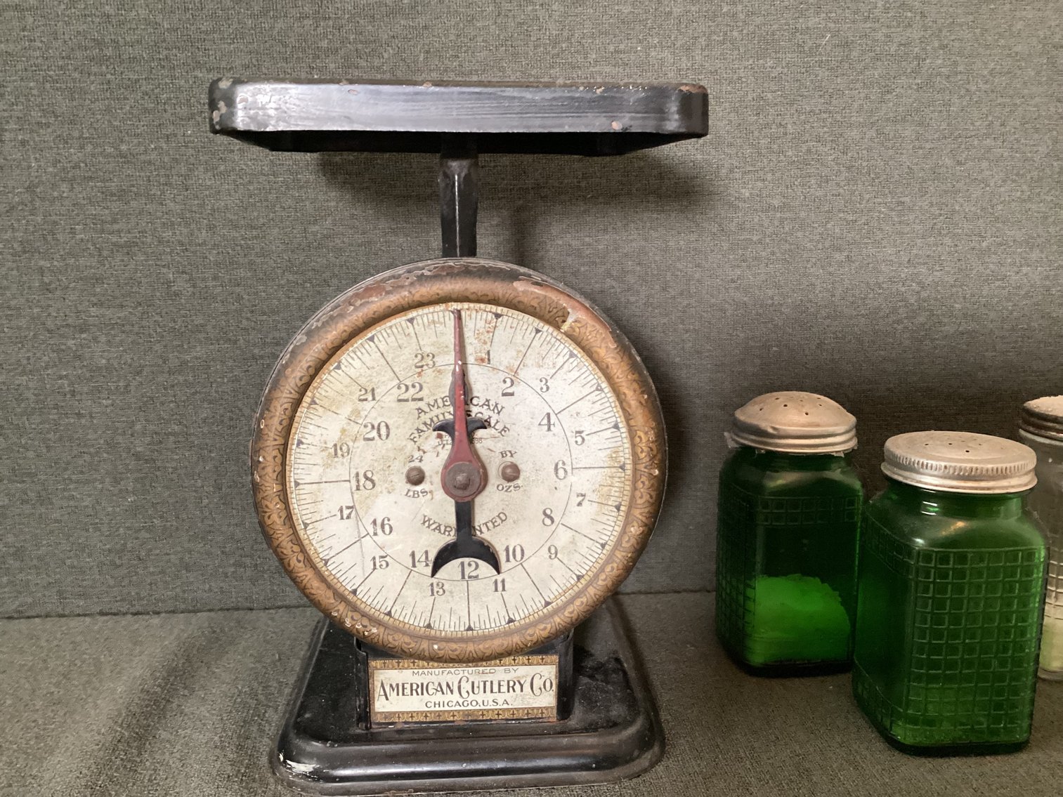 Image for Assortment of vintage items, including scales, salt & pepper shakers, matchstick holder