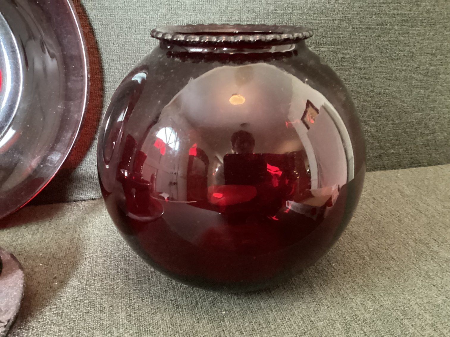 Image for Ruby red dishes, including rose bowl, two vases, plate, saucer & cup