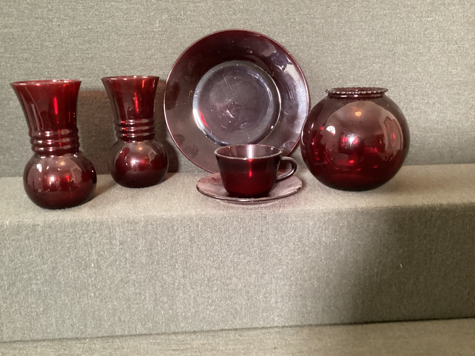 Image for Ruby red dishes, including rose bowl, two vases, plate, saucer & cup