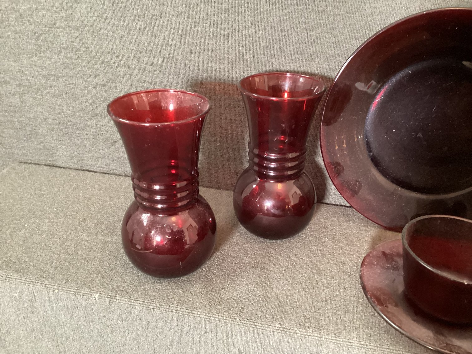 Image for Ruby red dishes, including rose bowl, two vases, plate, saucer & cup