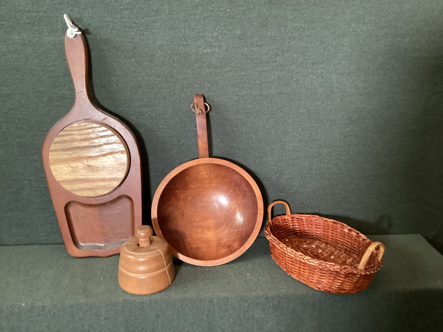 Image for Wooden cheeseboard , wooden bowl, basket, butter mold.  Butter mold has crack in it.