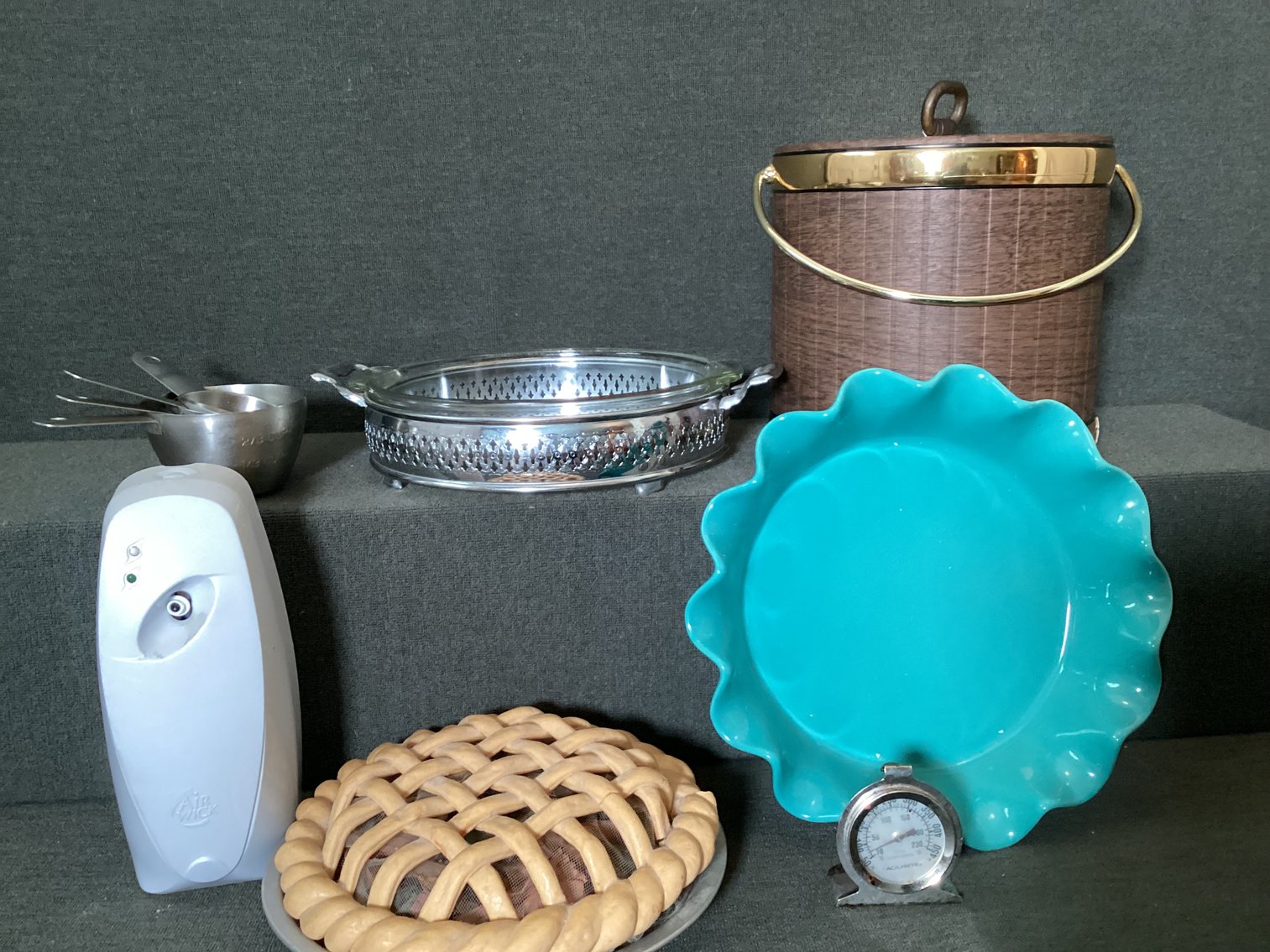 Image for Assorted kitchen items. Chafing dish is Pyrex