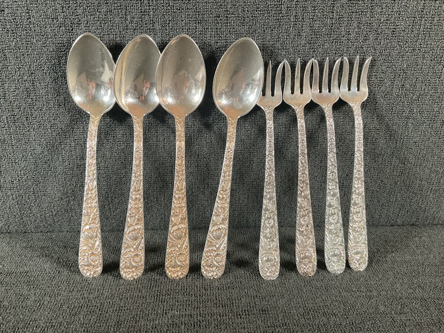 Image for S. Kirk & Son “Repousse” Heavy Sterling Silver Cocktail Forks and Tea Spoons