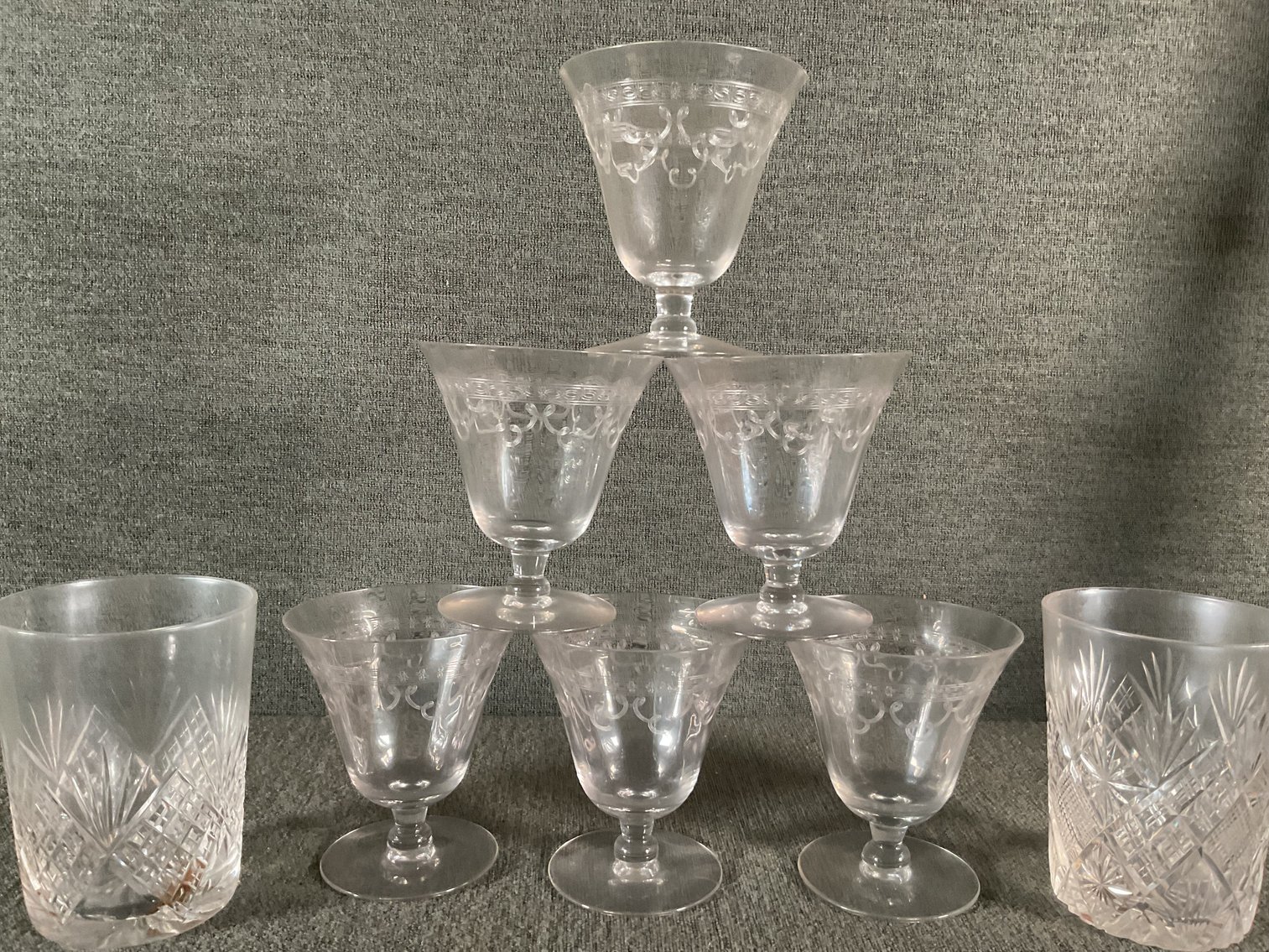 Image for Cut Crystal Low Ball Glasses and Needle Etched Stems