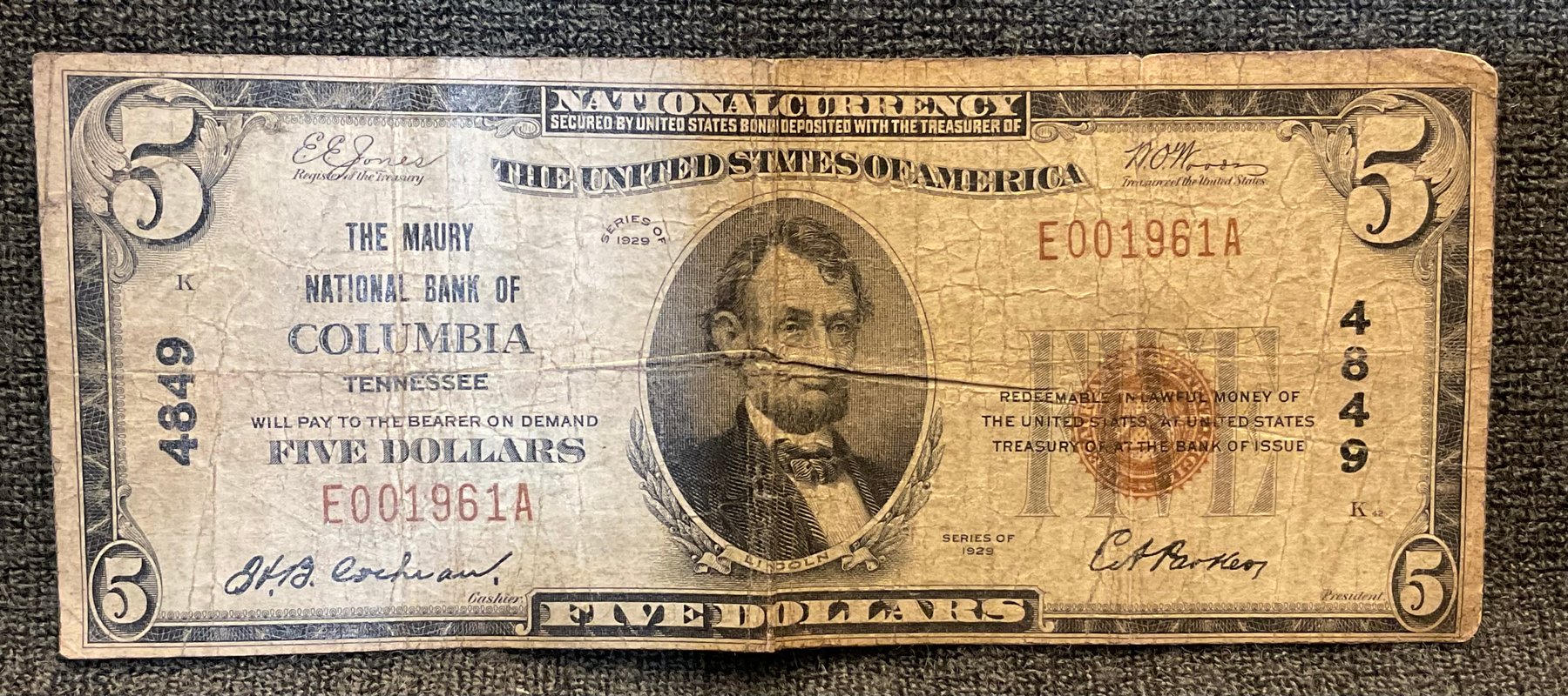 Image for 1929 Maury Bank of Columbia Tennessee $5 Note - National Currency