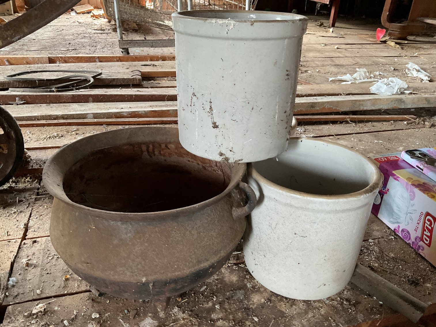 Image for Cast Iron Pot and 3 One Gallon Crocks