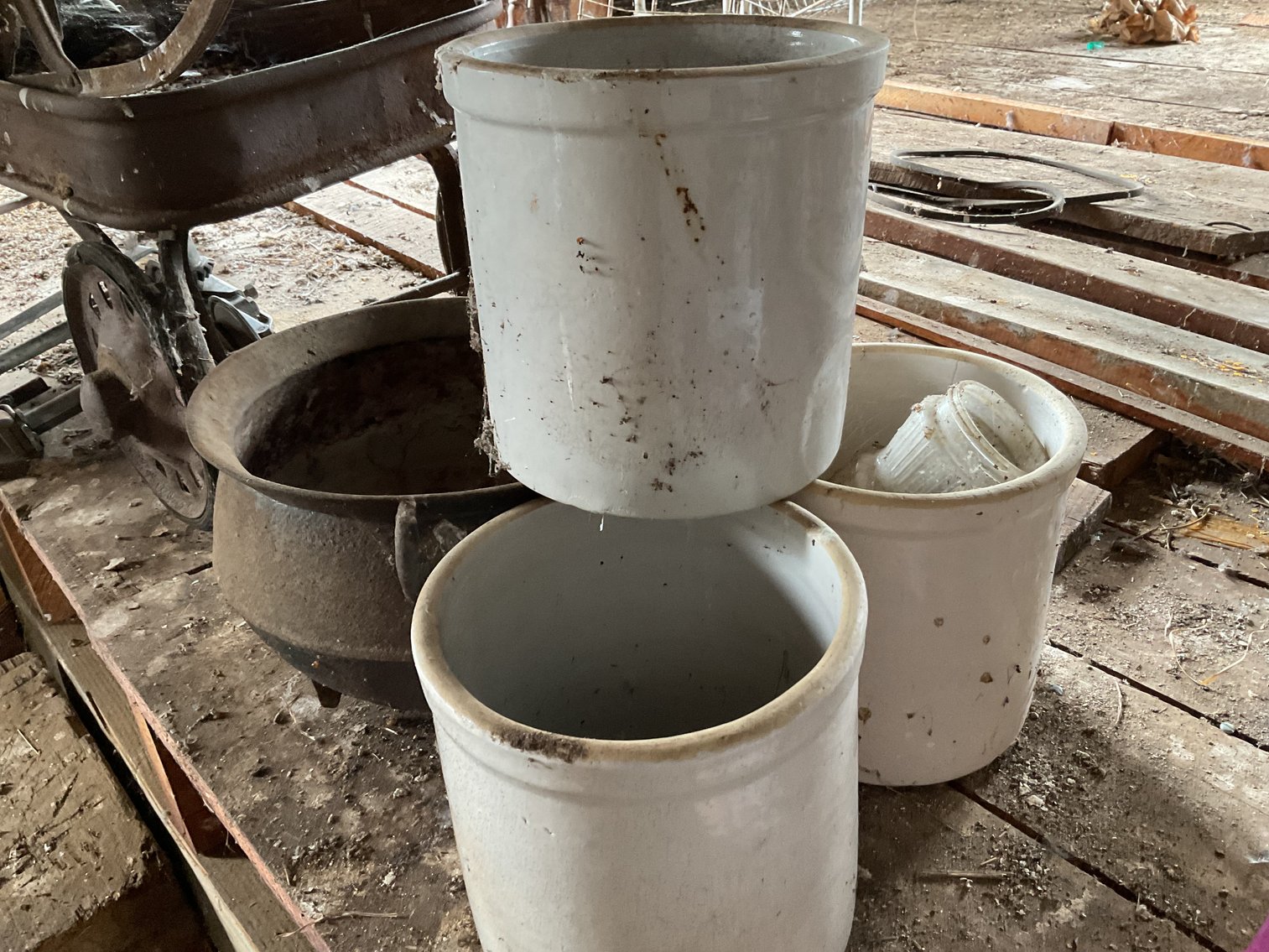 Image for Cast Iron Pot and 3 One Gallon Crocks