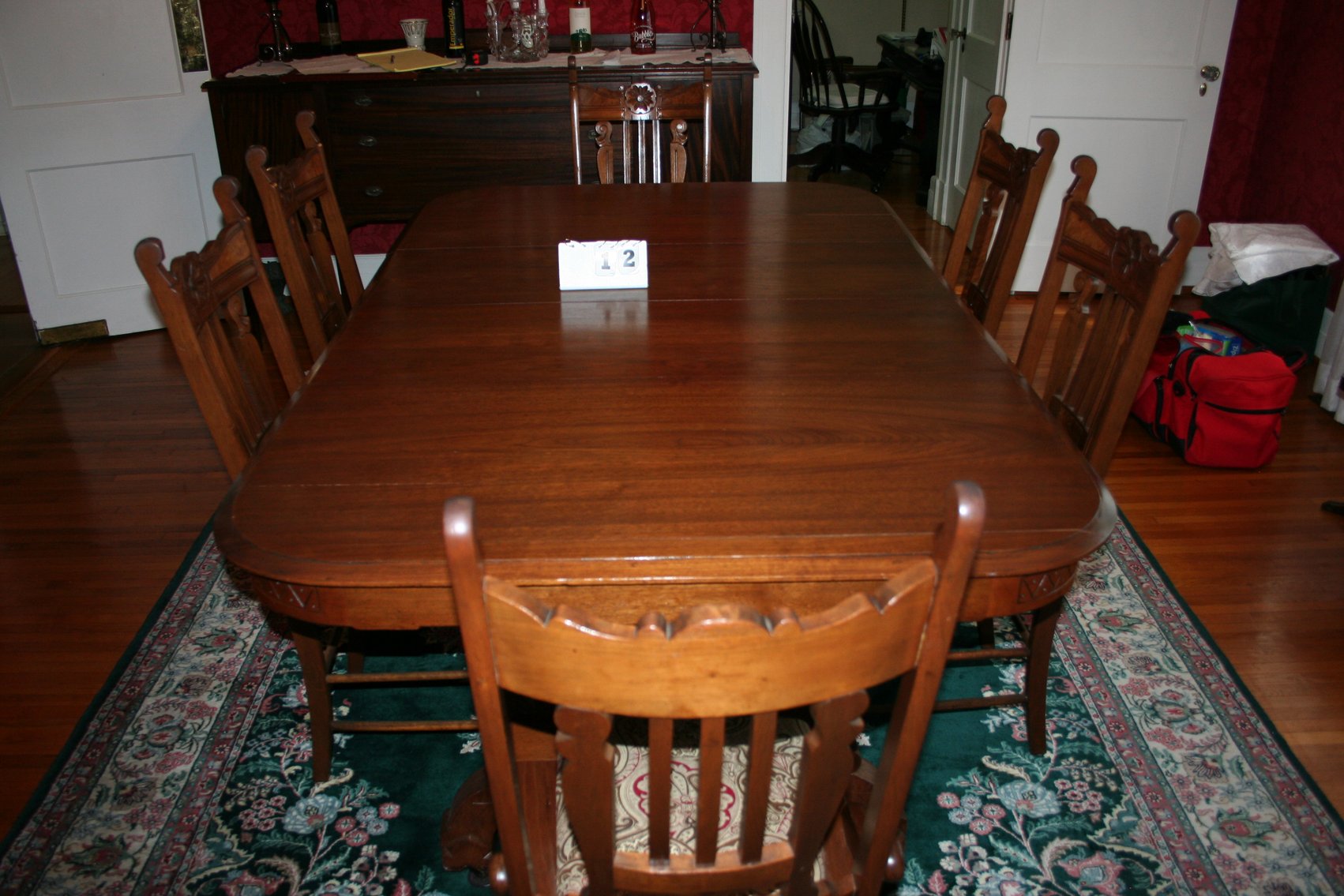 Image for Antique Walnut Dining Table, 5 Leaves, 6 Chairs  1870's