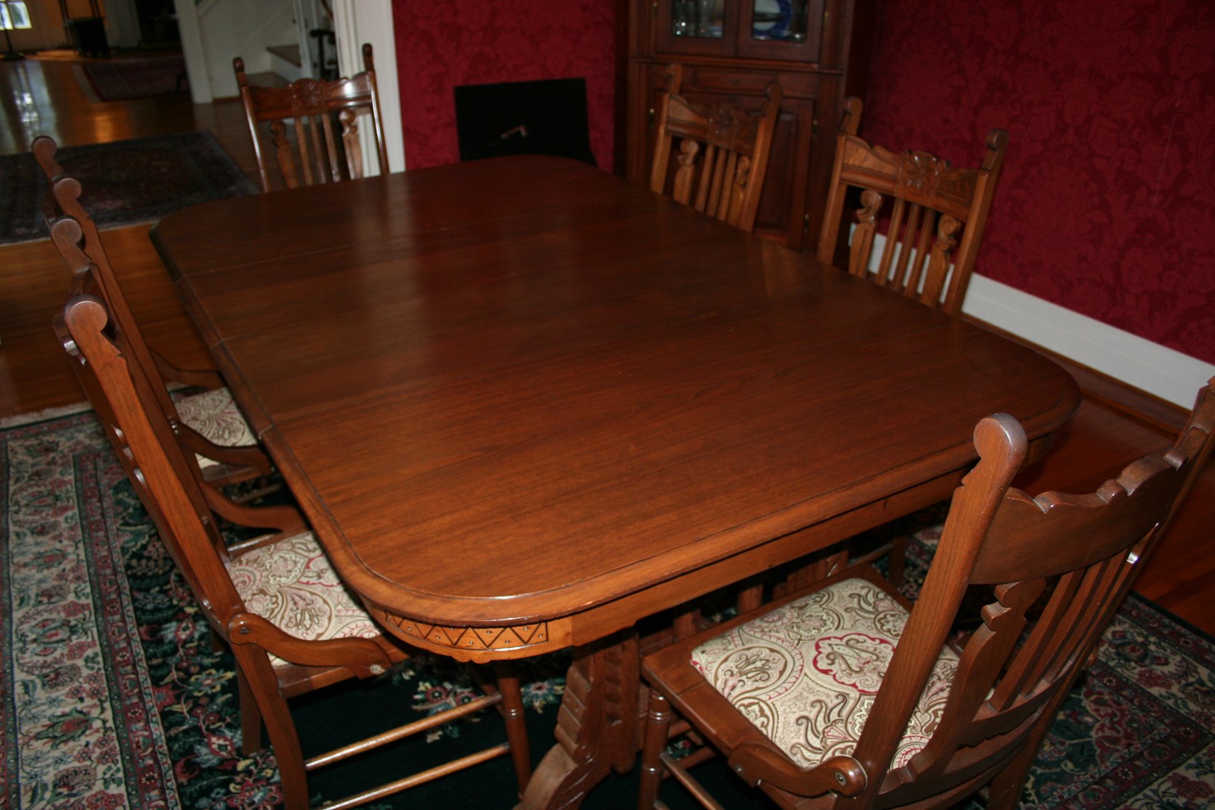 Image for Antique Walnut Dining Table, 5 Leaves, 6 Chairs  1870's