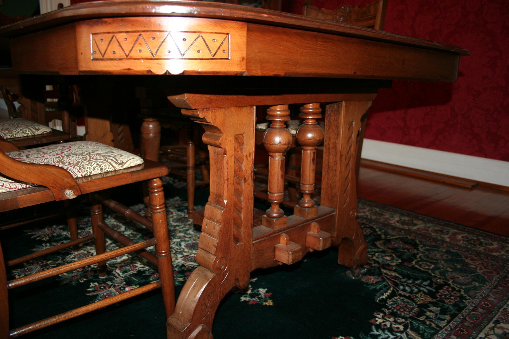 Image for Antique Walnut Dining Table, 5 Leaves, 6 Chairs  1870's