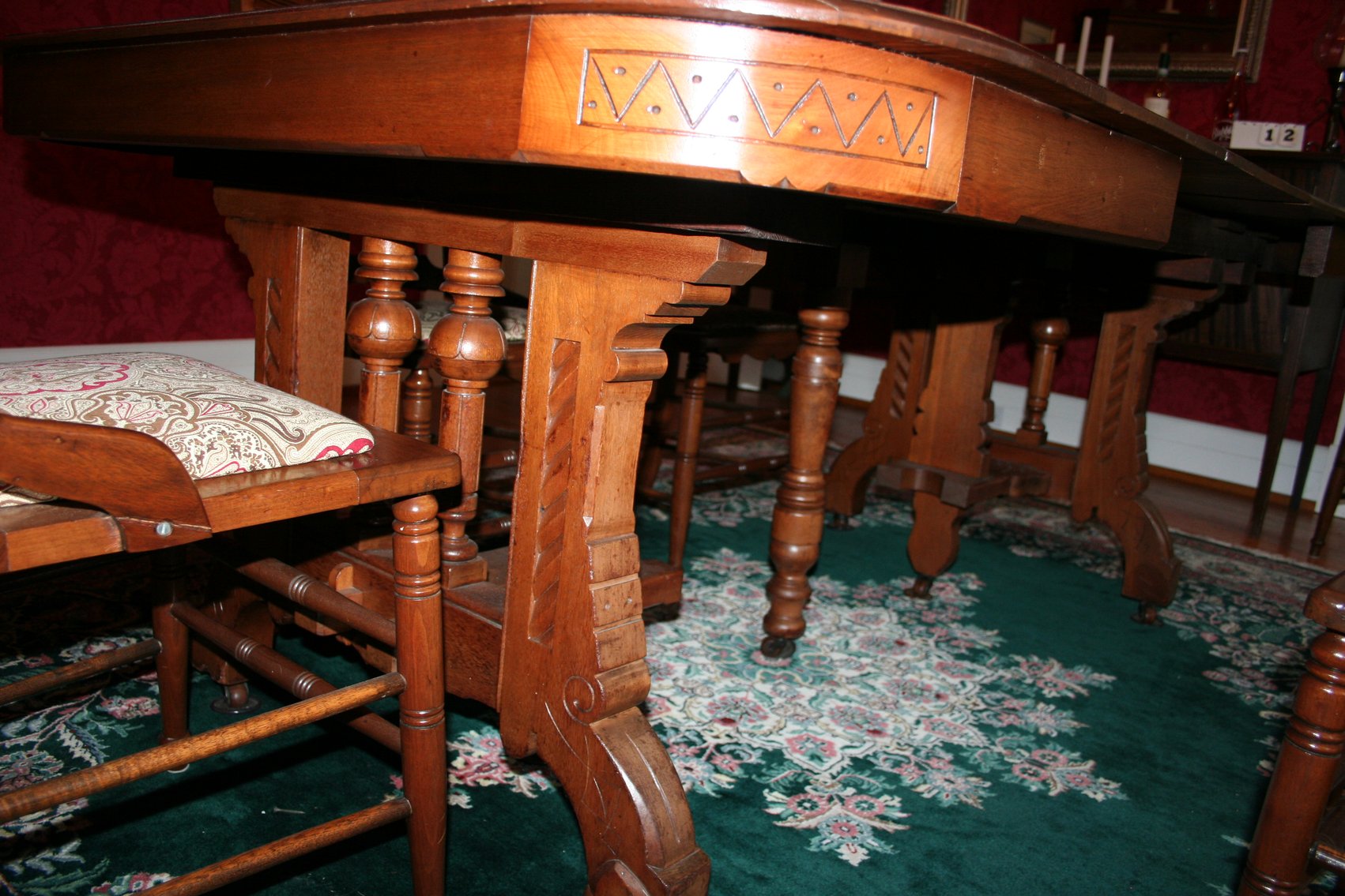 Image for Antique Walnut Dining Table, 5 Leaves, 6 Chairs  1870's