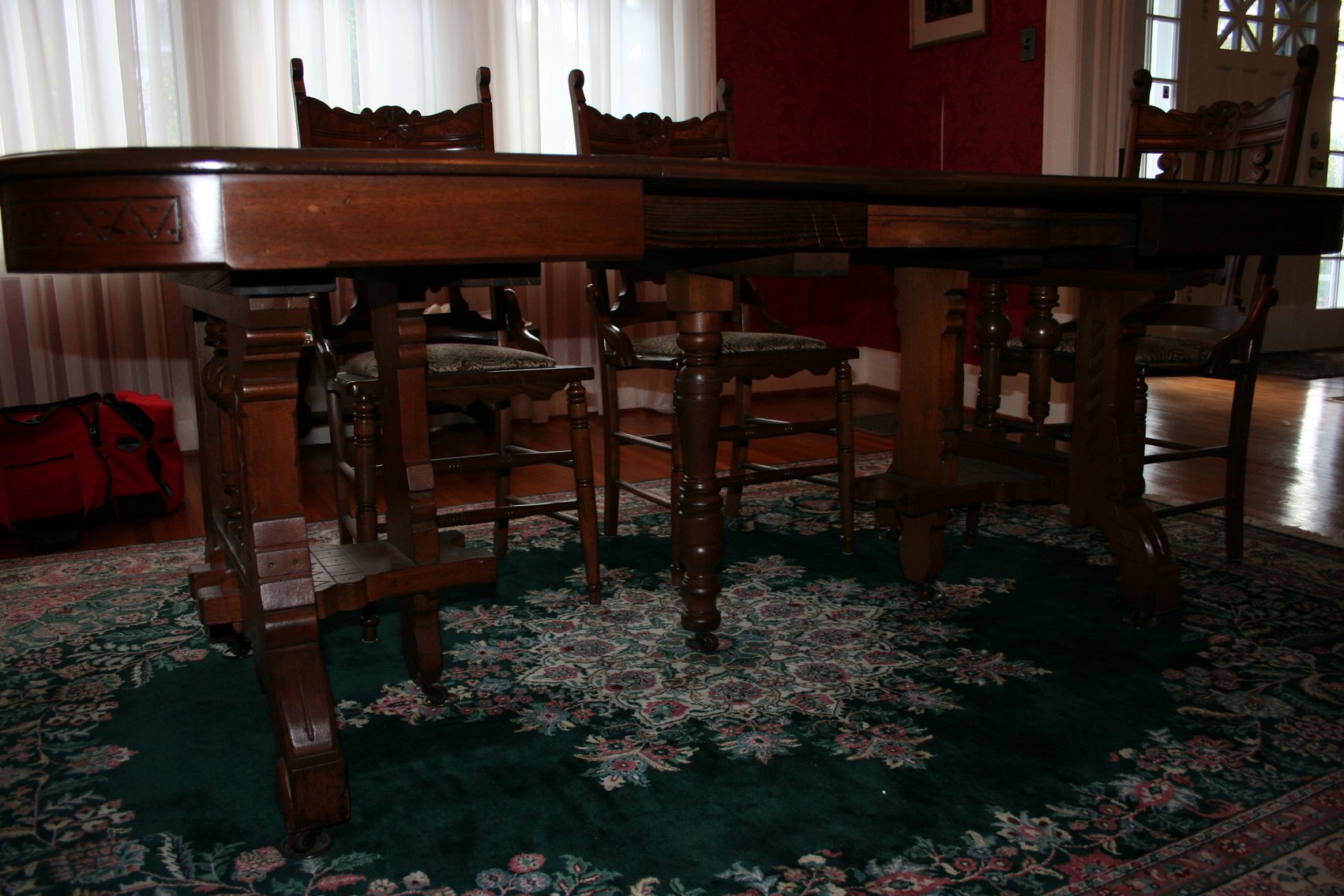 Image for Antique Walnut Dining Table, 5 Leaves, 6 Chairs  1870's