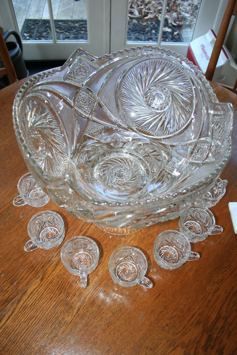 Image for Vintage Pressed Glass Punch Bowl Set (No Chips)
