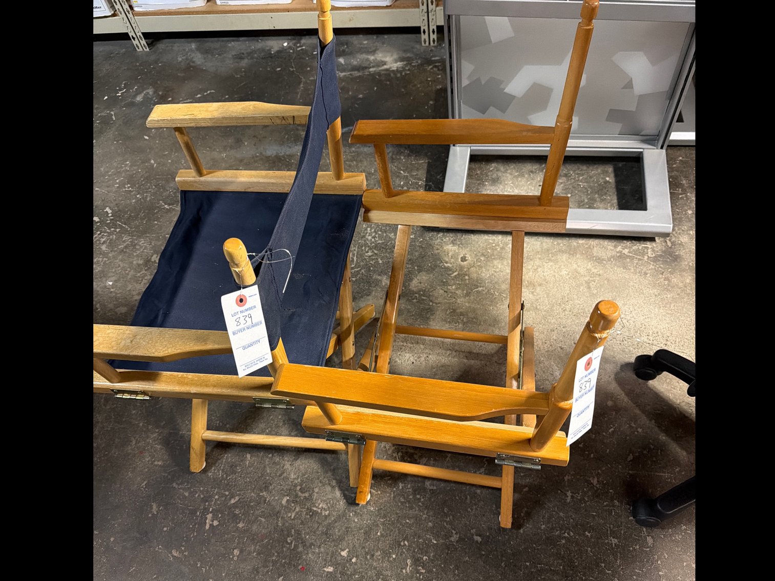 Image for Two folding chairs, one missing cloth seat