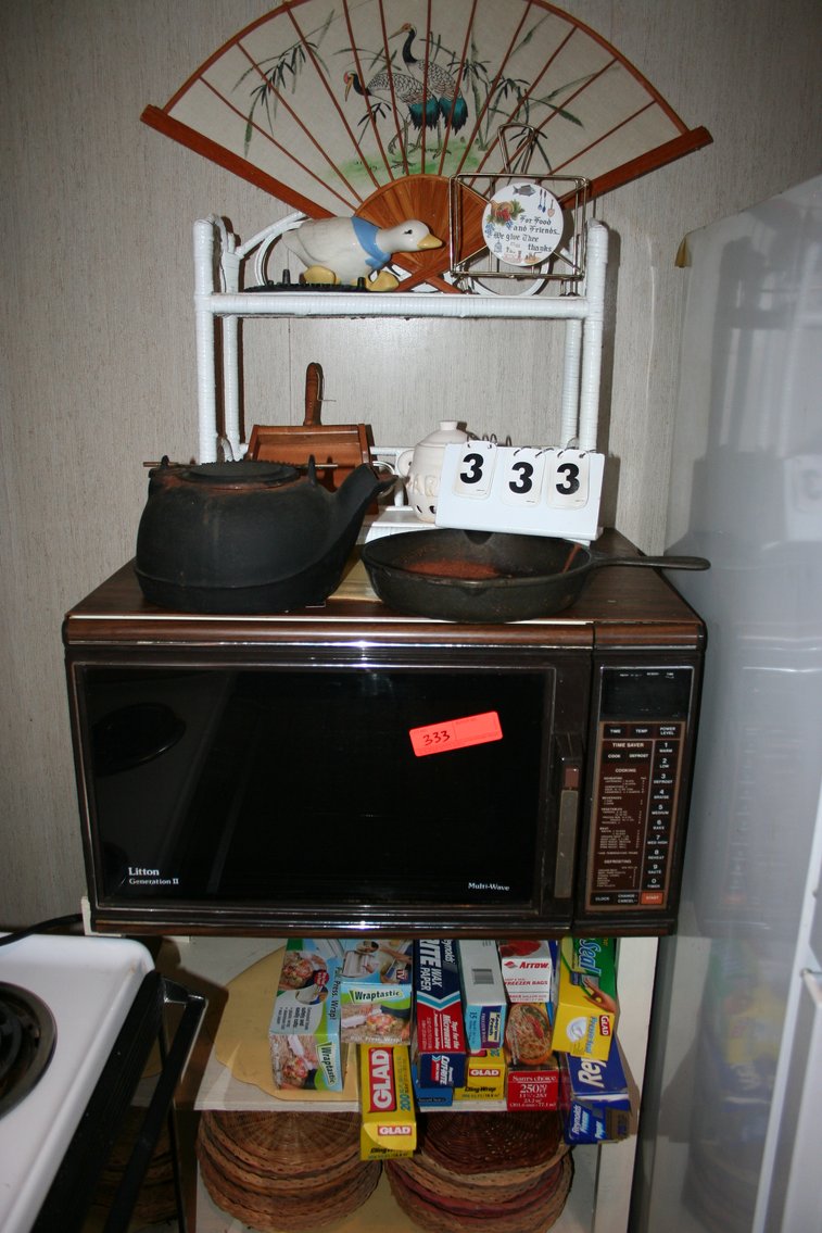 Image for Microwave (working) stand, misc items, cast iron