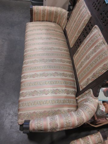 Image for Vintage wooden loveseat with ornate carvings and upholstery