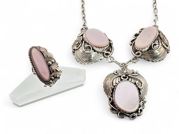 Sterling Silver & Pink Mother-of-Pearl Statement Necklace & Cocktail Ring