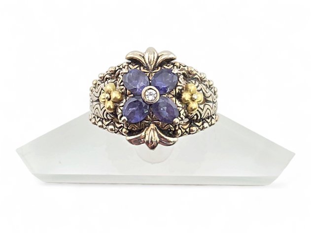 Sterling Silver Ring w/ 18k Yellow Gold & Iolite Floral Accents - Barbara Bixby