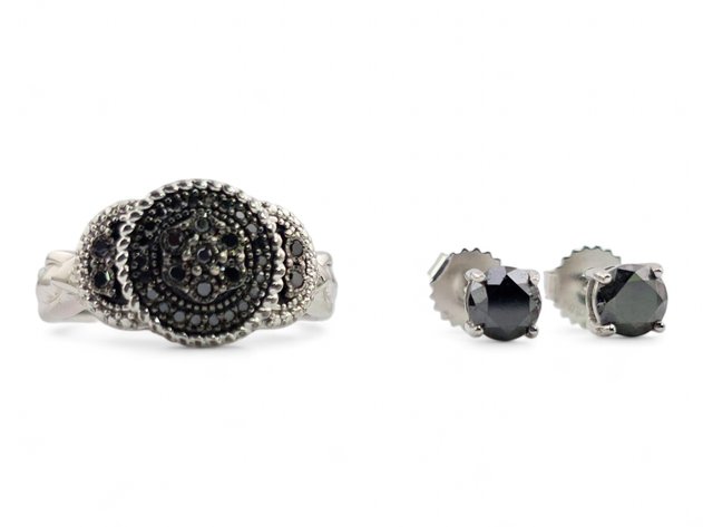 Black Diamond Ring & Earrings in Sterling Silver