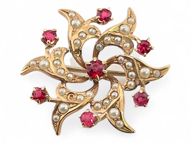 10k Yellow Gold Brooch w/ Tourmaline Stones & Seed Pearls