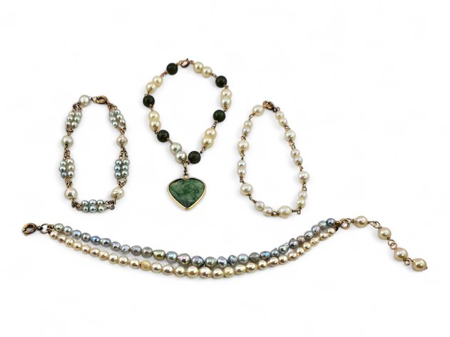 14k Yellow Gold Jade & Pearl Bracelet w/ Gold-Filled Pearl Bracelets