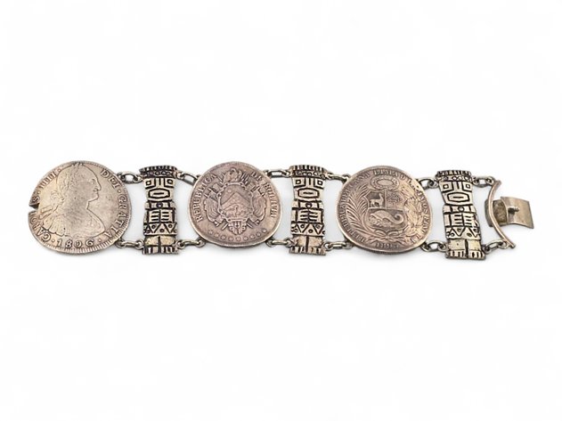Antique Silver Coin Bracelet - Mexico, Bolivia & Peru