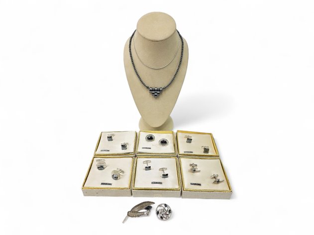 Hematite Cufflinks, Necklace & Brooches