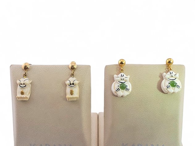 Mammoth & Walrus Ivory Billiken Earrings w/ Gold Nuggets & Jade