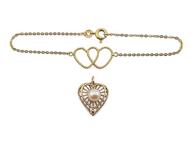 14k Yellow Gold & Pearl Heart-Themed Bracelet & Pendant
