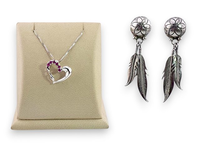 Sterling Silver & Ruby Heart Pendant Necklace w/ Sterling Silver Leaf Earrings
