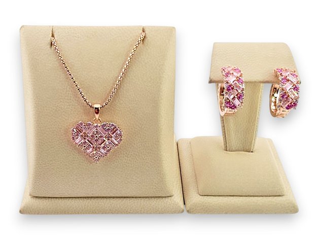 Sterling Silver, Pink CZ & Sapphire Heart Necklace w/ Hoop Earrings