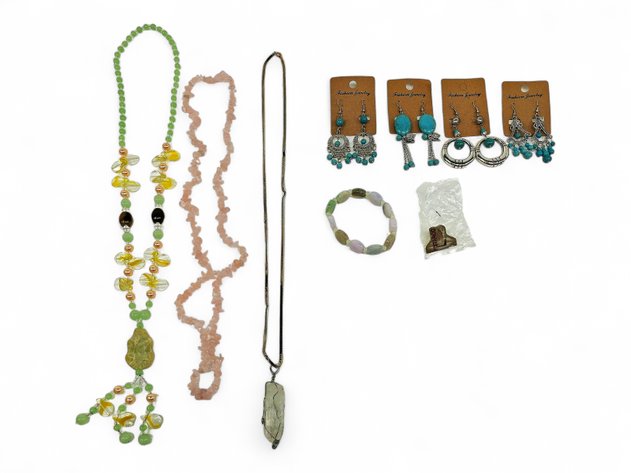 Turquoise Earrings, Rose Quartz Necklace, Iditarod Pin & More