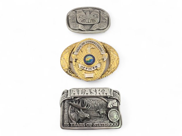Formline Beaver, Alaska Corrections Officer & 25th Anniversary Statehood Belt Buckles