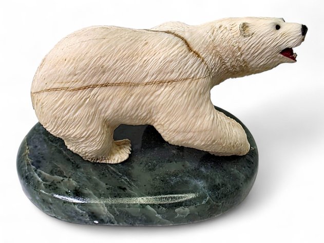 Walrus Ivory Polar Bear Figurine w/ Soapstone Base