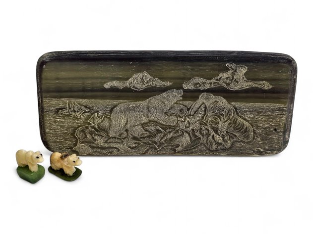 Soapstone Display & Walrus Ivory Bear Figurines w/ Jade Bases - Daryl Kingeekuk