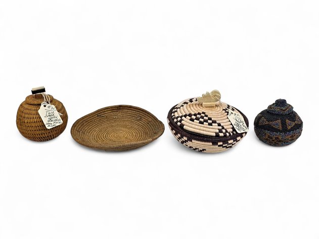 Coiled Grass Baskets w/ Walrus Ivory Finials, Beaded Basket & Coiled Grass Dish