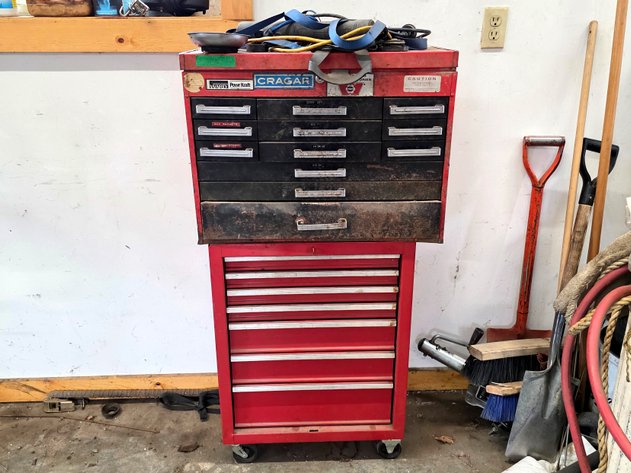 Montgomery Ward Tool Chest & Rolling Cabinet w/ Tools, Parts & More
