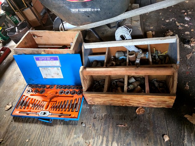 Vintage Chevron Crate, 45-pc Tap & Die Set & Wooden Tool Carriers