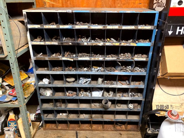 Industrial Metal Bolt Bin Cabinet with Assorted Hardware