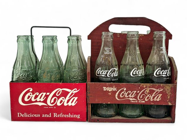 Coca-Cola Metal & Wood Carrying Caddies w/ 12x Empty Glass Bottles