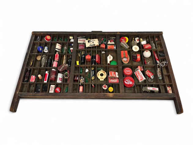 Wooden Display Case w/ Coca-Cola Trinkets & Memorabilia
