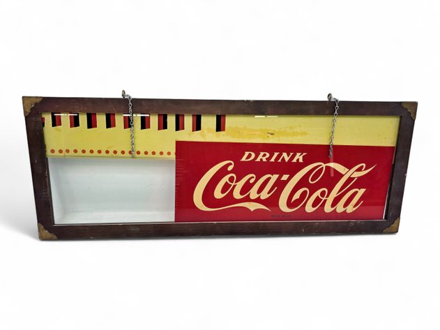 Coca-Cola Glass & Wood Advertising Sign