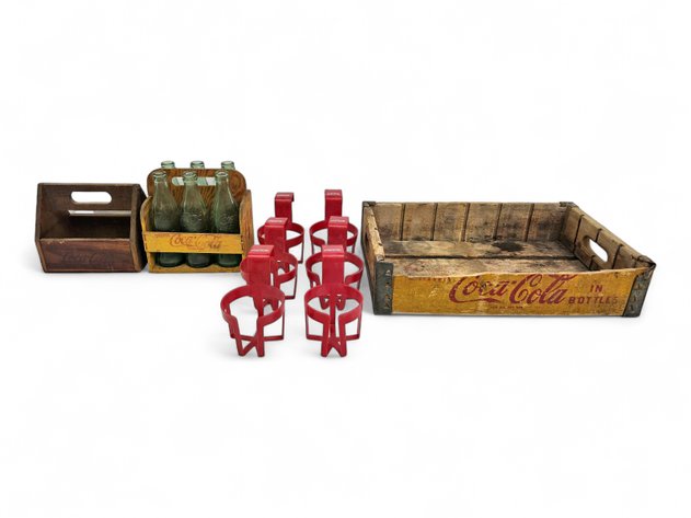 Wooden Coca-Cola Delivery Crates w/ 6x Glass Bottles & Automotive Beverage Holders