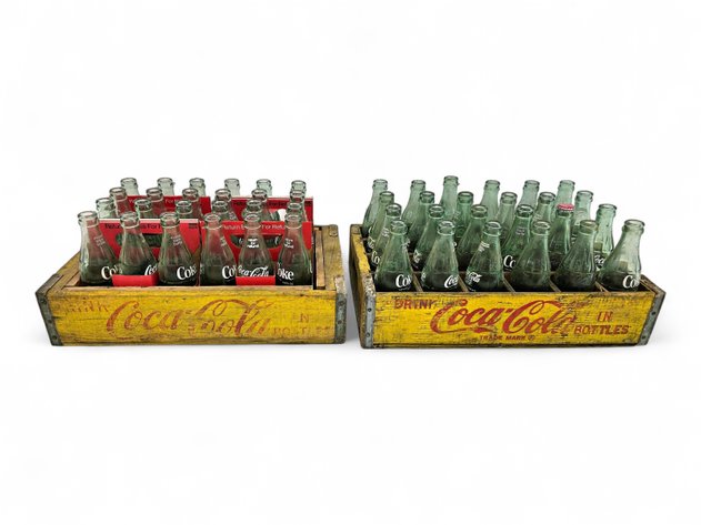 Wooden Coca-Cola Delivery Crates w/ 48x Glass Bottles