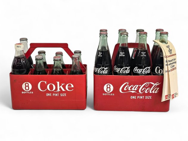 Plastic Coca-Cola Delivery Crates w/ 16x Full Glass Bottles