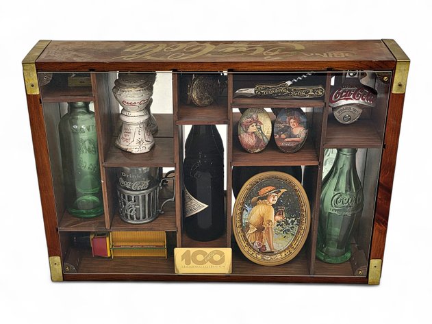 Coca-Cola 100th Centennial Celebration Wooden Shadow Box w/ Trinkets