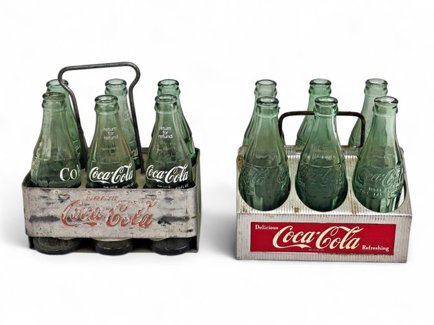 Coca-Cola Metal Carrying Caddies w/ 12x Empty Glass Bottles