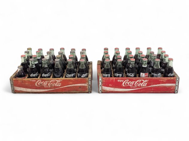 Wooden Coca-Cola Delivery Crates w/ 48x Full Glass Bottles