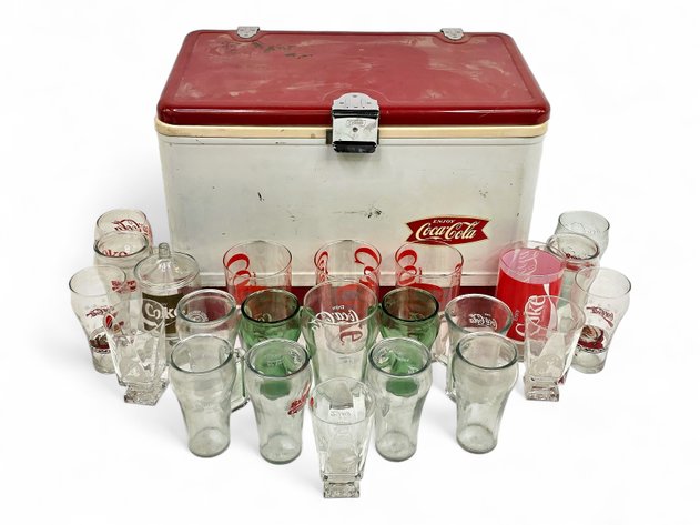 Coleman Coca-Cola Cooler w/ 22x Coke Glasses & Lidded Candy Dish