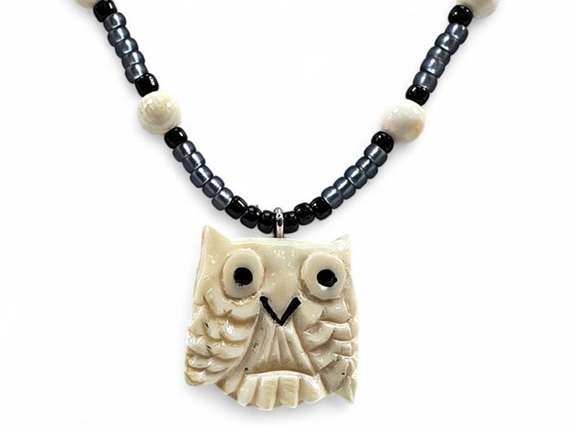 Ivory Owl & Glass Bead Necklace
